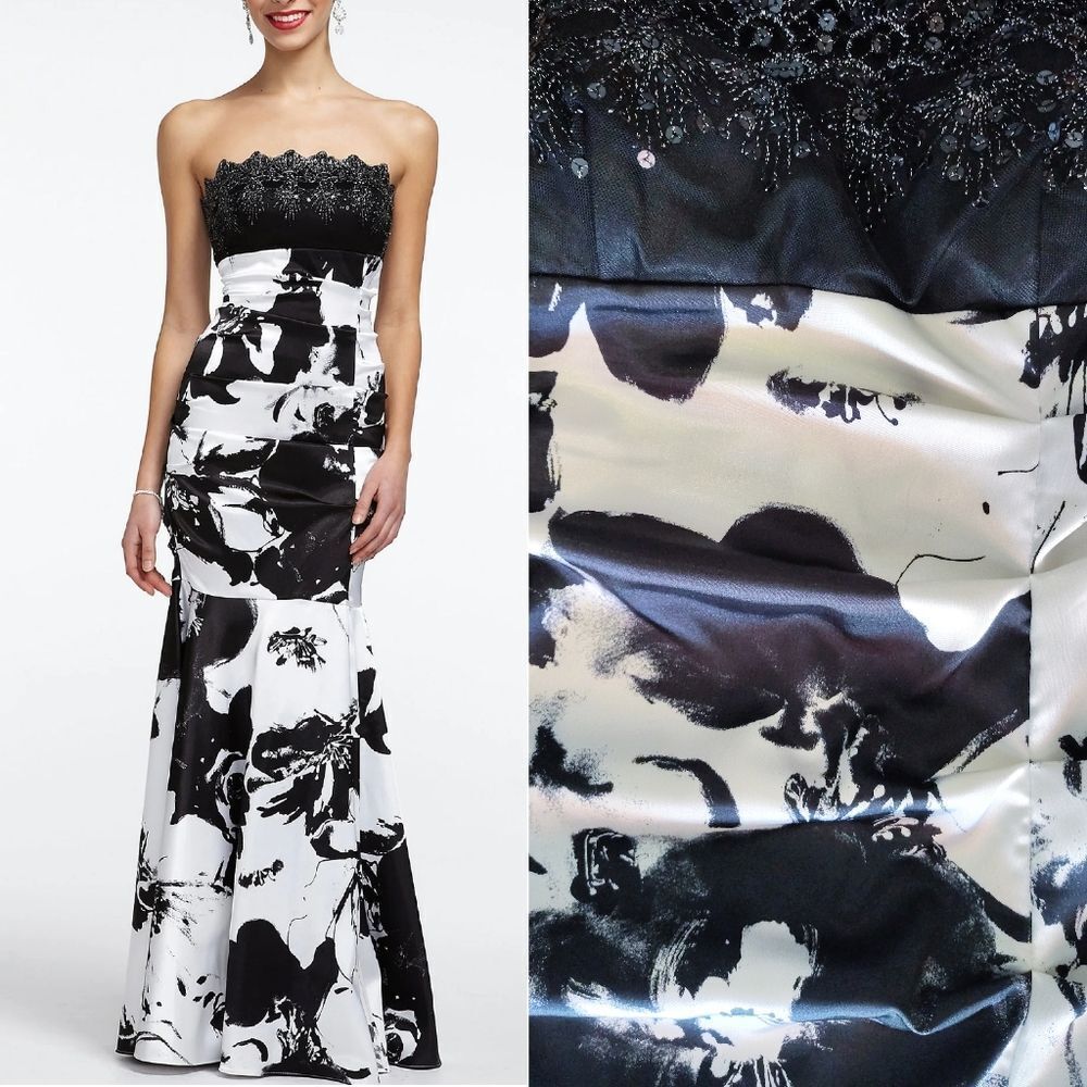 Blondie‎ Nites Y2K Black White Print Strapless Formal Mermaid Dress SZ 11 Prom
